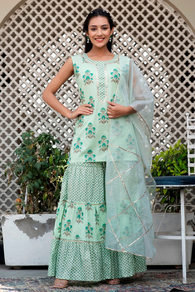 Mint Tea Green Premium Cotton Gold Foil Printed Suit Set With Organza Dupatta (A121K3GRN)