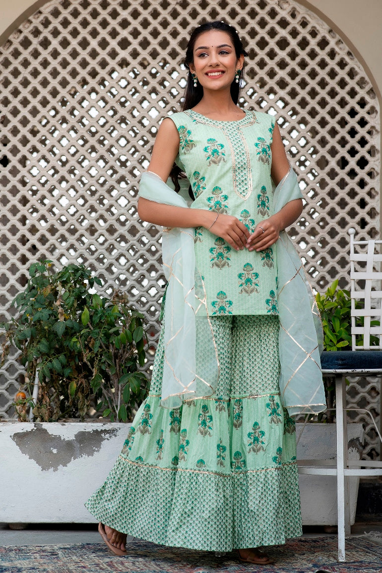 Mint Tea Green Premium Cotton Gold Foil Printed Suit Set With Organza Dupatta (A121K3GRN)
