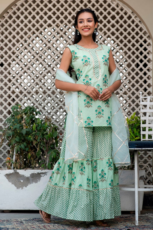 Mint Tea Green Premium Cotton Gold Foil Printed Suit Set With Organza Dupatta (A121K3GRN)