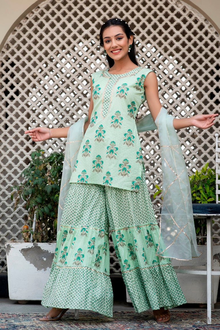 Mint Tea Green Premium Cotton Gold Foil Printed Suit Set With Organza Dupatta (A121K3GRN)