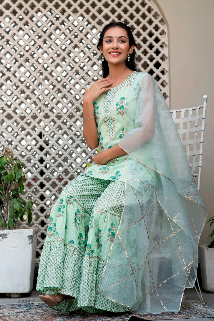 Mint Tea Green Premium Cotton Gold Foil Printed Suit Set With Organza Dupatta (A121K3GRN)