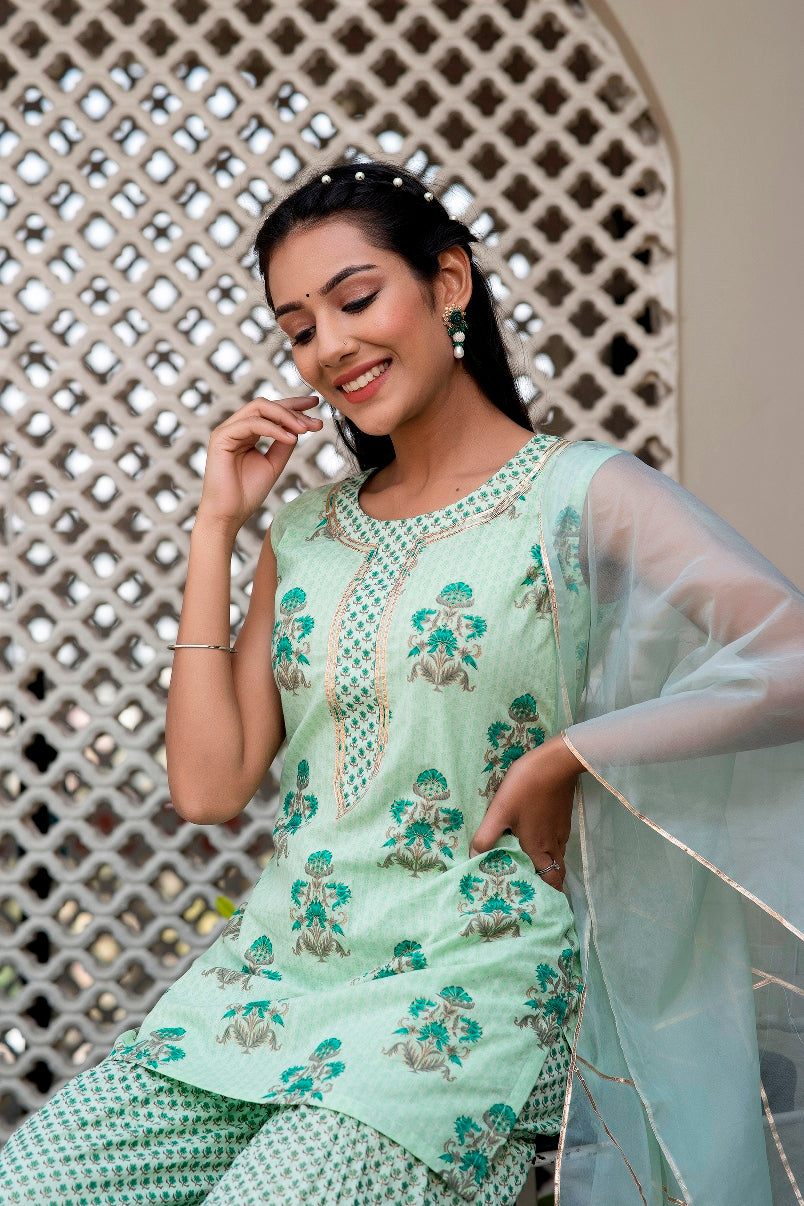 Mint Tea Green Premium Cotton Gold Foil Printed Suit Set With Organza Dupatta (A121K3GRN)