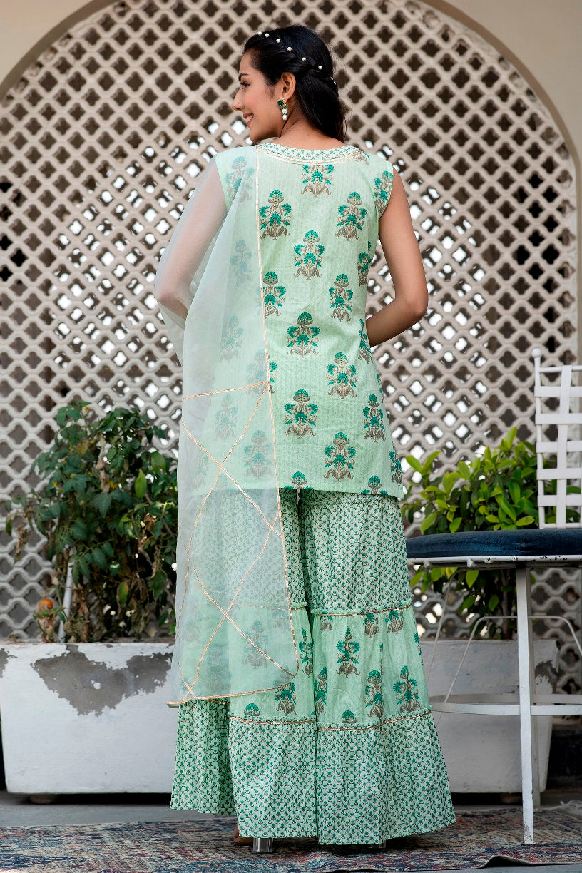 Mint Tea Green Premium Cotton Gold Foil Printed Suit Set With Organza Dupatta (A121K3GRN)