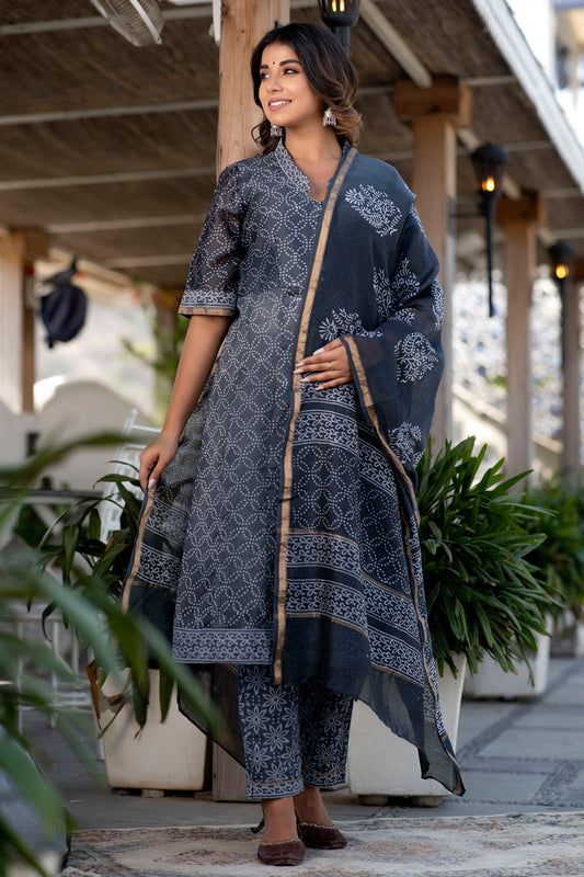 Lead Black and Grey Handblock Printed Chanderi Kurta with Chanderi Dupatta (A125K3GRY)