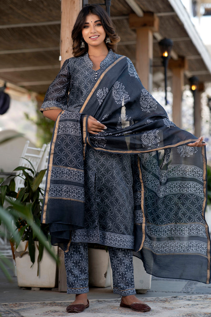 Lead Black and Grey Handblock Printed Chanderi Kurta with Chanderi Dupatta (A125K3GRY)