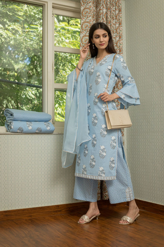 Vivid Cerulean and White Shiny Premium Cotton Silver Foil Printed Suit Set With Organza Dupatta (A107K3BLU)