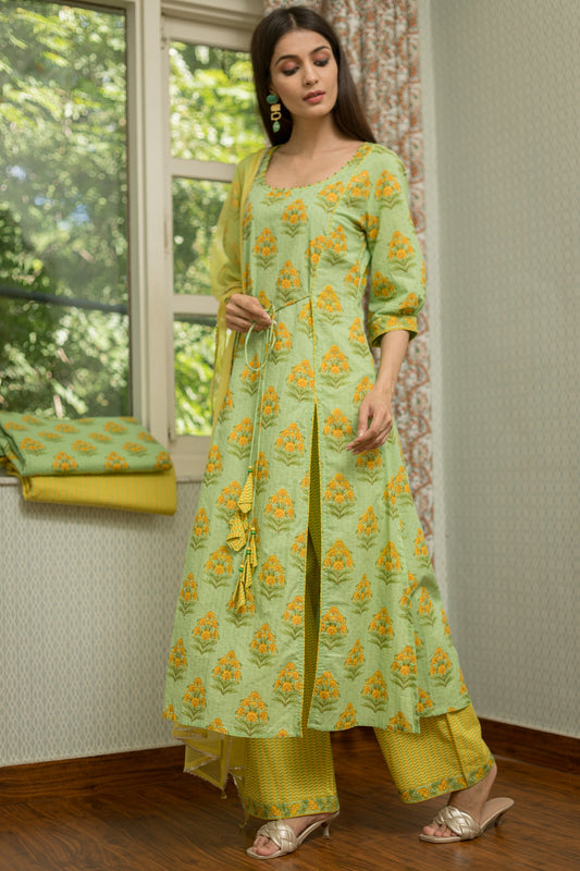 Spring Green and Chrome Yellow Premium Cotton Suit Set With Net Dupatta (A108K3GRN)