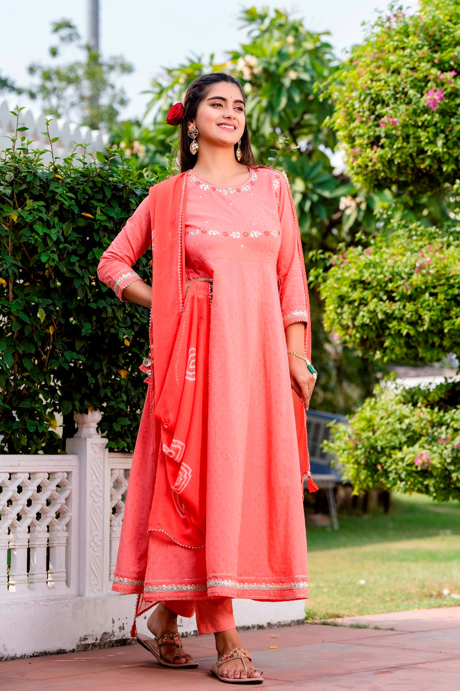Pink flared Kurta with Pant and Chiffon Dupatta ( A208K3PNK )